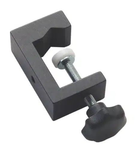 Close-up of FISSO Table Clamp 5.204 showing clamping mechanism